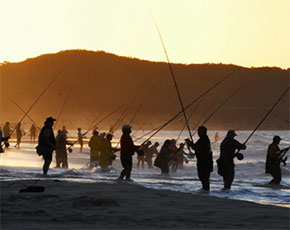 People fishing along the beach with sunset and hills in the background.