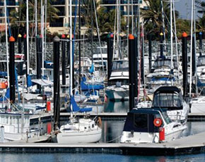 Boats moored at a marina.